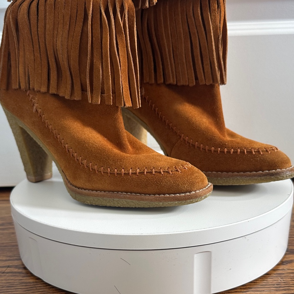 Michael Kors Brown Caramel Tiered Fringe Western Suede Leather Boho Boots Size 7 - Picture 4 of 13